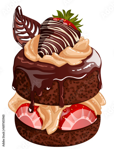 Devil`s Food Cake with Strawberry and Chocolate Ganache - Mini Dessert Detailed Illustration