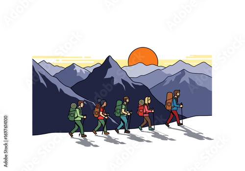 Hikers trekking with backpacks in mountains with sunrise. Suitable for adventure, nature, outdoor, travel, and fitness content and designs.