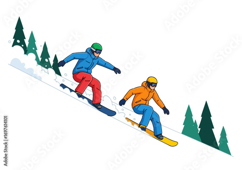 Snowboarders in colorful outfits ride down snowy slope near trees. Perfect for winter sport designs, outdoor activities, snowboarding enthusiasts.
