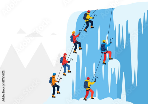 Ice climbers scaling a frozen waterfall mountain, perfect for outdoor sports, winter activities, adventure, nature, cold weather concepts.