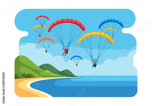 Paragliders in action above a sandy beach and bright blue sky. Ideal for travel, adventure, and outdoor sports concepts.