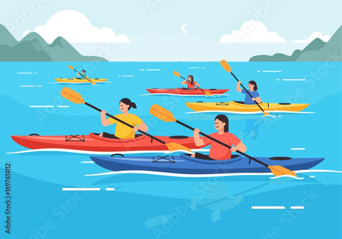 Group of women kayaking on a large body of water. Perfect for outdoor adventure brochures, travel magazines, active lifestyle websites.