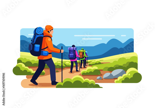 Hikers with backpacks on a trail under blue skies and mountains. Perfect for outdoor, adventure, hiking, nature, travel, and exploration themes.