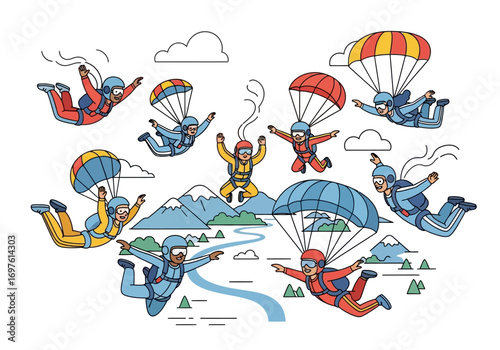 Skydivers in flight over picturesque mountain and river landscapes. Ideal for adventure, extreme sports, travel, and adrenalinethemed designs and content.