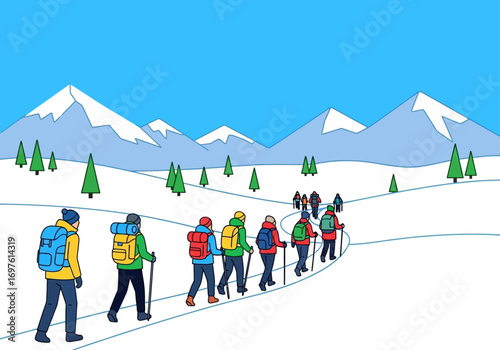 Group of hikers trek snowy trail, framed by mountains and trees. Ideal for outdoor, adventure, hiking, winter, nature, travel concepts.