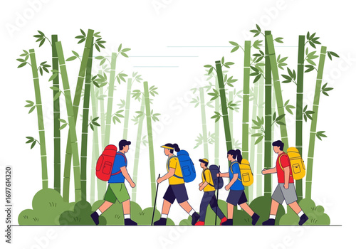 Group of hikers with backpacks trekking in bamboo forest. Suitable for outdoor adventure, travel, tourism, and naturethemed designs.