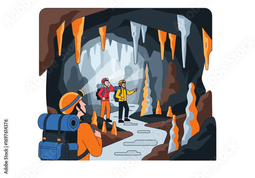 Hikers exploring cavern with stalactites and stalagmites, wearing headlamps. Suitable for adventure, exploration, spelunking, geology concepts in design projects.