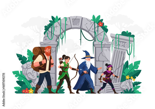 Four fantasy adventurers exploring a mystical archway covered in vines, suitable for fantasy book covers or game concept art.