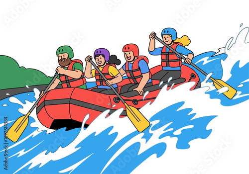 Four people in life vests raft on white water. Suitable for outdoor, adventure, and travelthemed designs. Perfect for promotional materials.