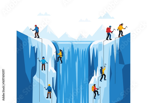 Climbers ascending a frozen waterfall with ropes and tools perfect for adventure, sports, and winterthemed designs.