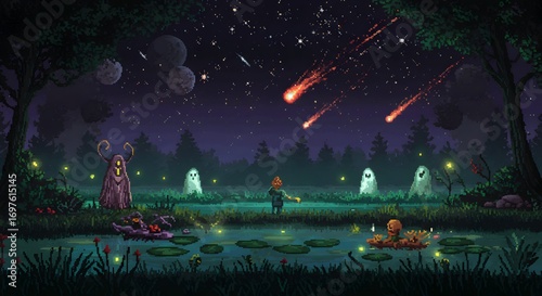 Epic Pixel Art Fantasy Scene of Medieval Fortress with Gods and Mythical Elements
