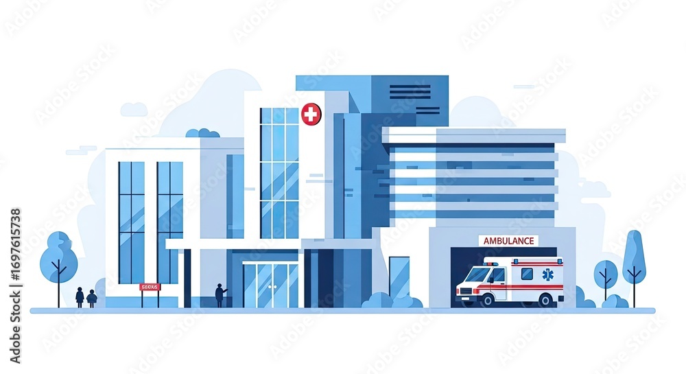 Obraz premium Flat vector illustration of a modern hospital building with ambulance parked outside, healthcare facility concept, flat stock design.