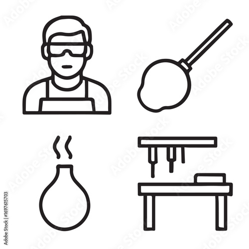 Line art icon set, glassblower, pipe, molten glass, workshop, vector line