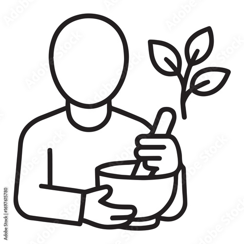 Line art vector icon of herbalist preparing plants with mortar and pestle