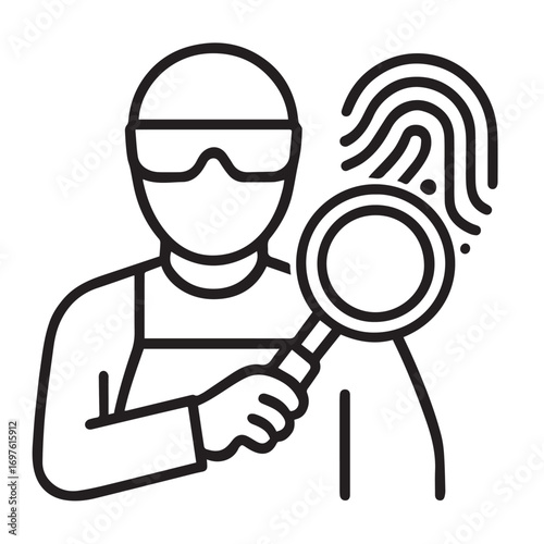 Minimal outline vector icon of forensic scientist studying fingerprint with magnifier with white background.