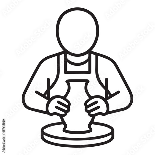Clean line art icon of a potter shaping clay vase on wheel, vector style with white background.