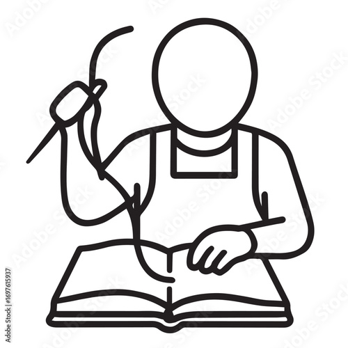 Line art outline vector icon of a bookbinder sewing pages into a book with white background.