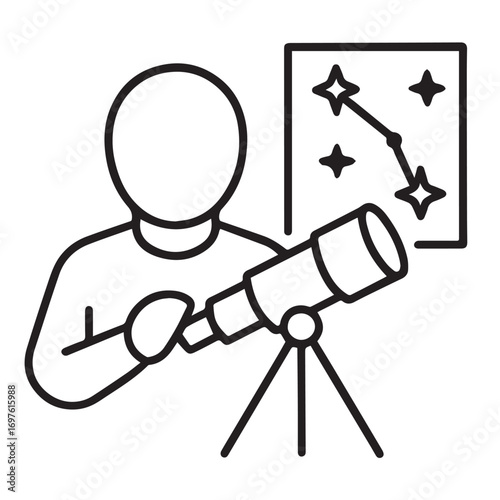 Outline vector icon of an astronomer looking through telescope with star chart with white background.