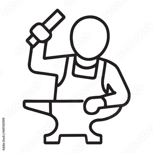 Line art icon of a blacksmith hammering on anvil, vector outline style with white background.