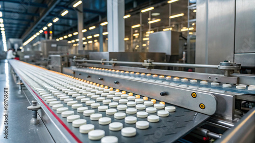 Pharmaceutical factory production line with many pills on conveyor belt