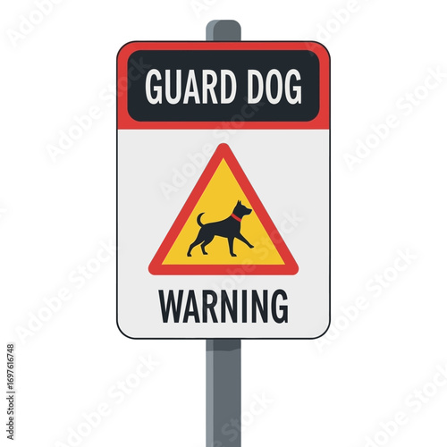 Guard dog warning sign with a black dog silhouette on a yellow triangle.