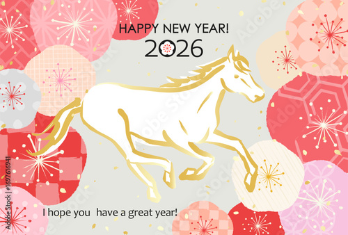 2026年　日本の年賀素材　いろいろな和柄の梅の花と馬