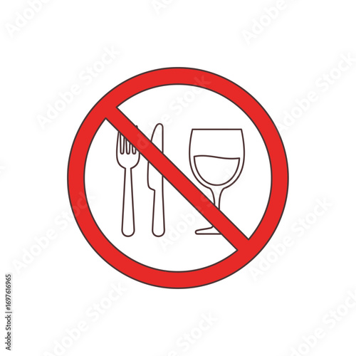 Red circular sign indicating no food or drink allowed, featuring a crossed-out fork, knife, and wine glass.