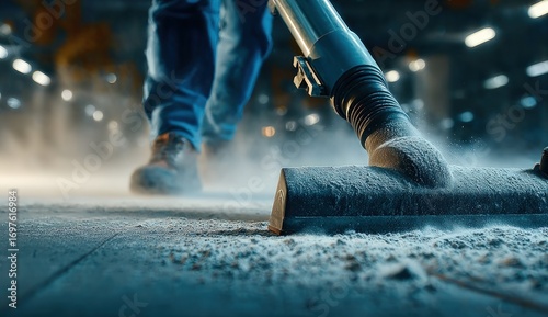 A person vacuums up dust in a large industrial space. Close up on vacuum head