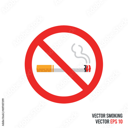 A clear vector illustration of a no smoking sign with a lit cigarette and smoke inside a red prohibition circle.