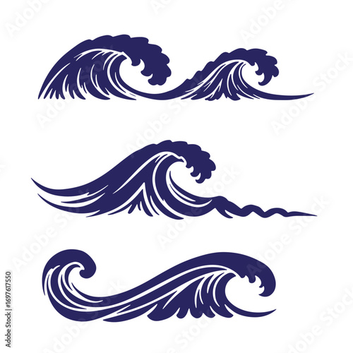 Vector illustration of navy blue japanese wave crests isolated on a white background