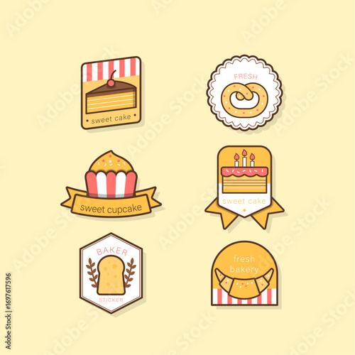 Set of bakery stickers in flat style