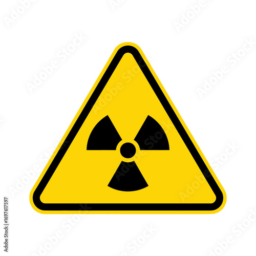 Yellow triangular warning sign with a black radioactive symbol, indicating a hazardous area.