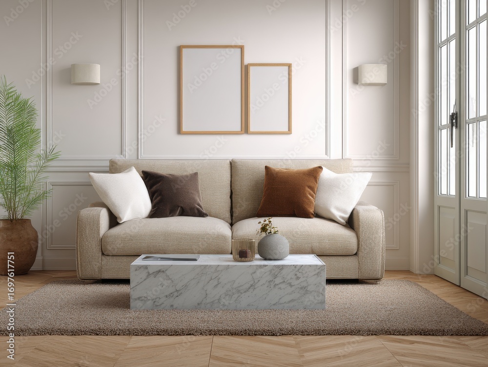Fototapeta premium Bright Living Room Interior with Beige Sofa and Marble Coffee Table