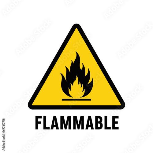 A yellow triangular warning sign for flammable materials, featuring a black fire pictogram and bold text.