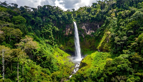 Lush waterfall cascading through verdant rainforest