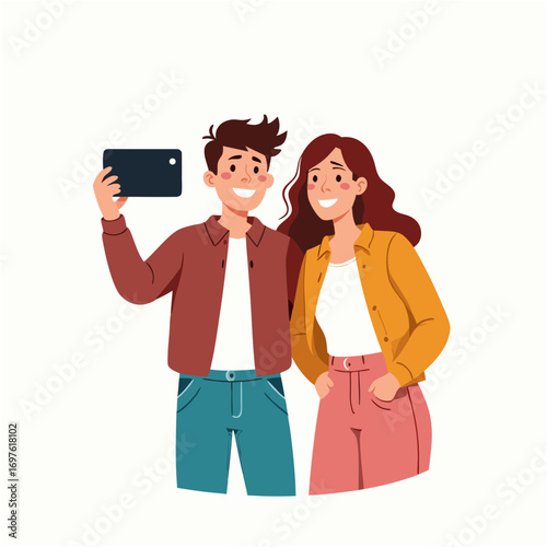 Happy young couple capturing a memorable moment with a smartphone selfie illustration