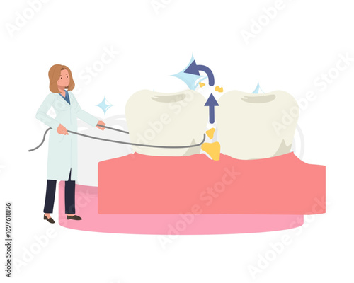 Medical concept of oral hygiene with a dental professional demonstrating how to clean between molars with floss for healthy gums