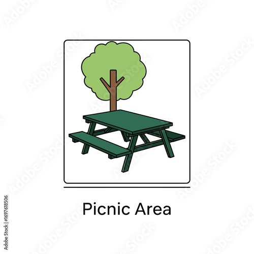 A simple vector illustration of a designated picnic area with a green table and tree.