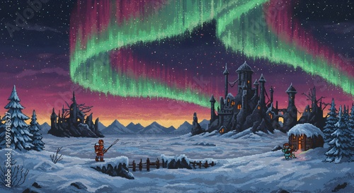 Epic Pixel Art Fantasy Scene of Medieval Fortress with Gods and Mythical Elements