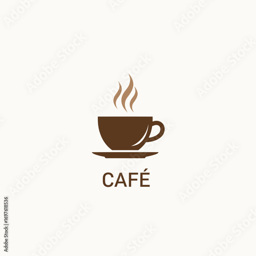 A simple brown coffee cup with steam rising, placed on a saucer, with the word 'CAFÉ' written below, on a light background.