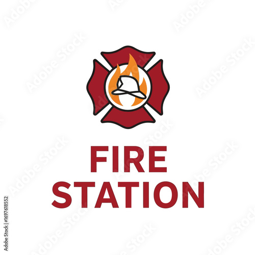 Fire station logo with Maltese cross and helmet.