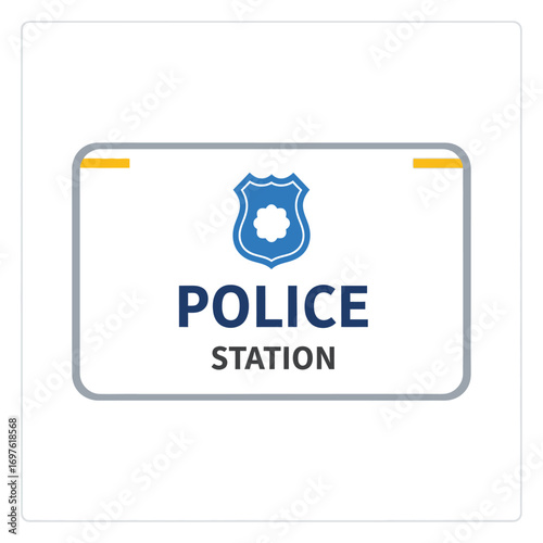 A simple vector graphic sign for a police station featuring a blue badge icon.