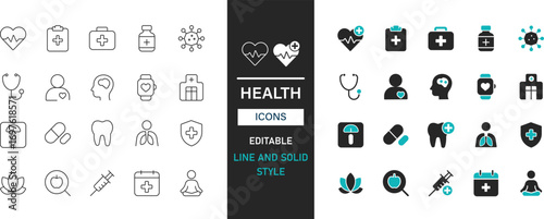 Health icon set line and solid style. Stethoscope, heartbeat, hospital, syringe, pills, lungs, brain, thermometer vector collection.