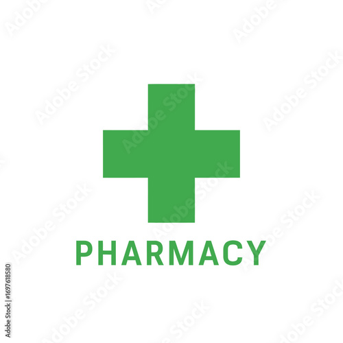A simple green cross symbol with the word PHARMACY below it on a white background.