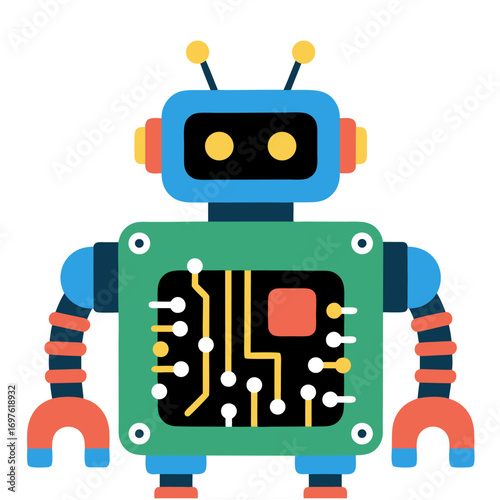 Friendly robotic character with integrated circuit board for advanced artificial intelligence concepts and innovative technology design