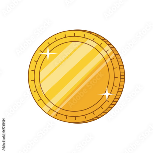 A golden coin with a glossy surface and sparkling highlights.
