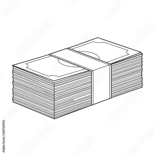 A black and white line drawing of a large stack of paper money, bundled together with a band, representing wealth and finance.
