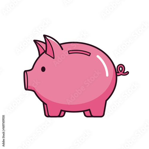 A simple cartoon illustration of a pink piggy bank with a coin slot, viewed from the side on a white background.