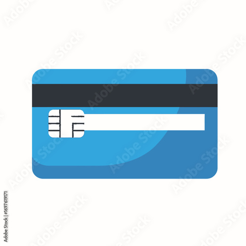 A flat vector illustration of a generic blue credit card with a security chip and magnetic stripe, isolated on a white background.
