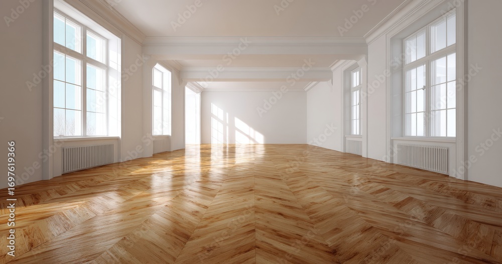 Fototapeta premium Bright Sunlit Empty Room with Hardwood Floors and Large Windows